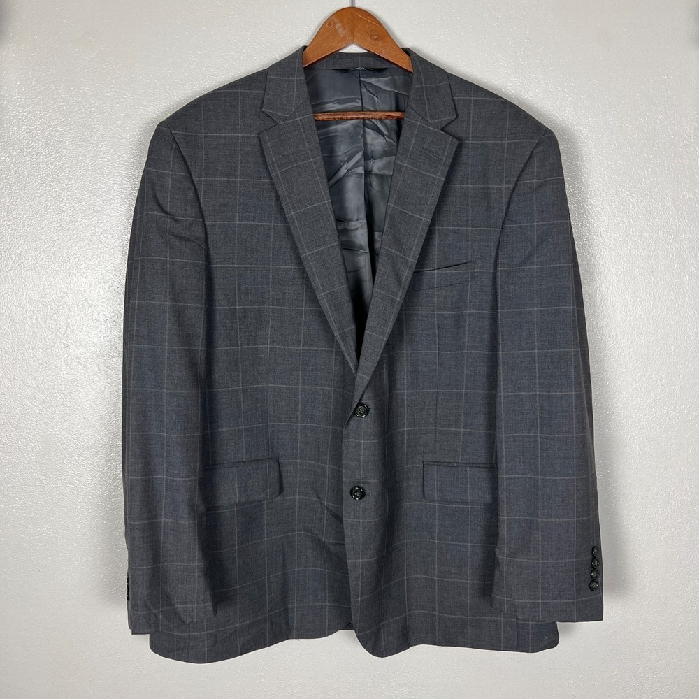 Jos A Bank Executive Sport Coat Suit Jacket Men 46R Gray Windowpane Wool Classic